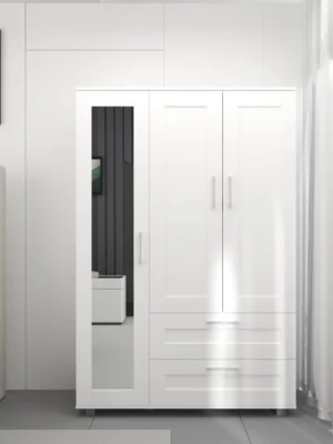 Almari Baju 3 Pintu Dengan Cermin   Laci Moden Minimalist Wardrobe 3 Door White Clothes Storage Cabinet   WD1003 M
