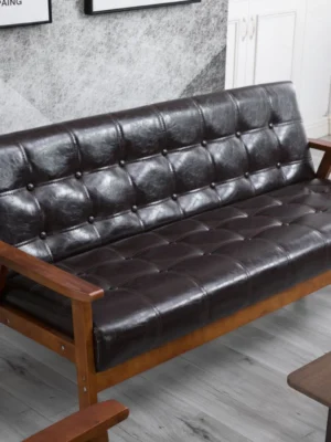 Simple solid wood Nordic modern minimalist three person cafe leather sofa small apartment living room double sofa