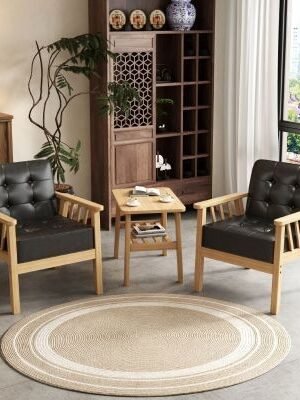 Retro solid wood single sofa living room apartment leather sofa el homestay cafe sofa